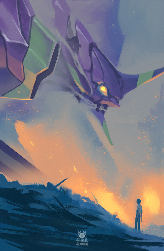 1boy, eva_01, fire, genel_jumalon, glowing, glowing_eye, horns, ikari_shinji