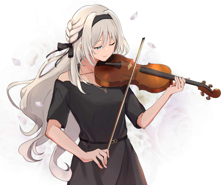 1girl, an-94_(girls'_frontline), an-94_(girls_frontline), an-94_(silent_rouge)_(girls'_frontline), aqua_eyes, bangs, black_dress, black_hairband, black_ribbon, blonde_hair, braid, breasts, closed_mouth, collarbone, dress, girls_frontline, gradient_background, hairband, highres, holding, holding_instrument, instrument, instrument_request, jewelry, light_blush, long_hair, looking_away, necklace, official_alternate_costume, one_eye_closed, petals, ribbon, small_breasts, smile, solo, upper_body, violin, white_background, yotsuyama_(yomo8ama)