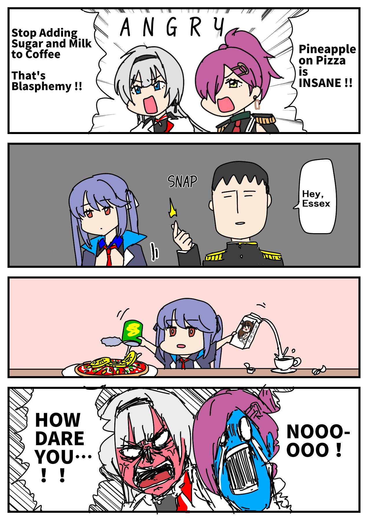 1boy, 3girls, 4koma, angry, azur_lane, bad_link, black_hair, blue_eyes