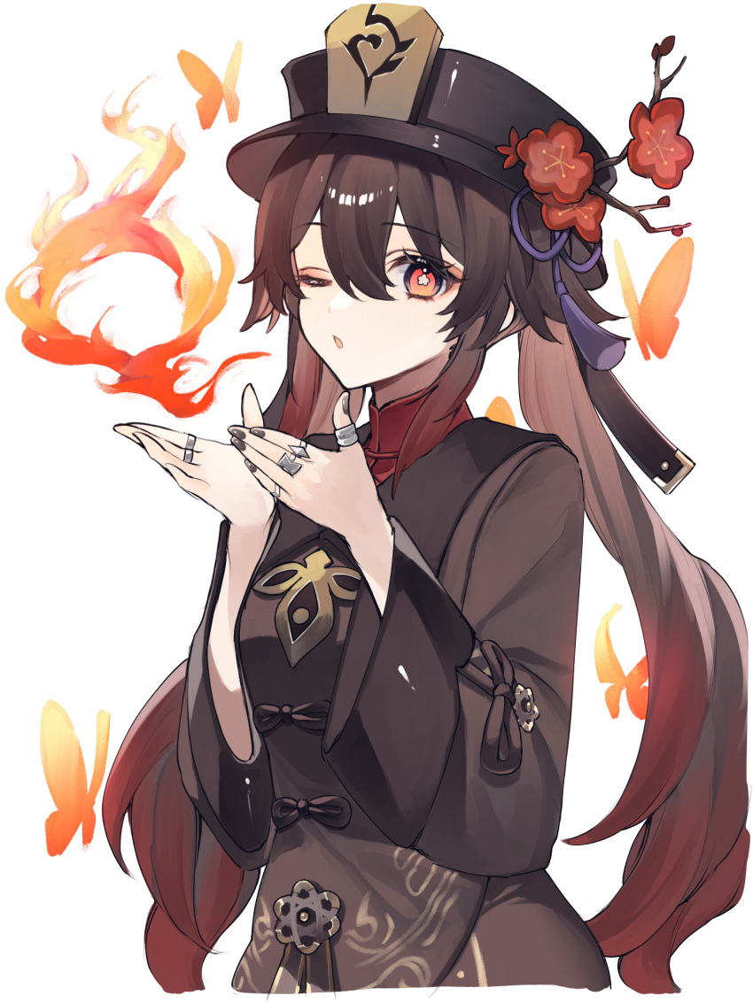 1girl, ;o, bangs, black_headwear, black_nails, blue_butterfly, breathing_fire, brown_hair