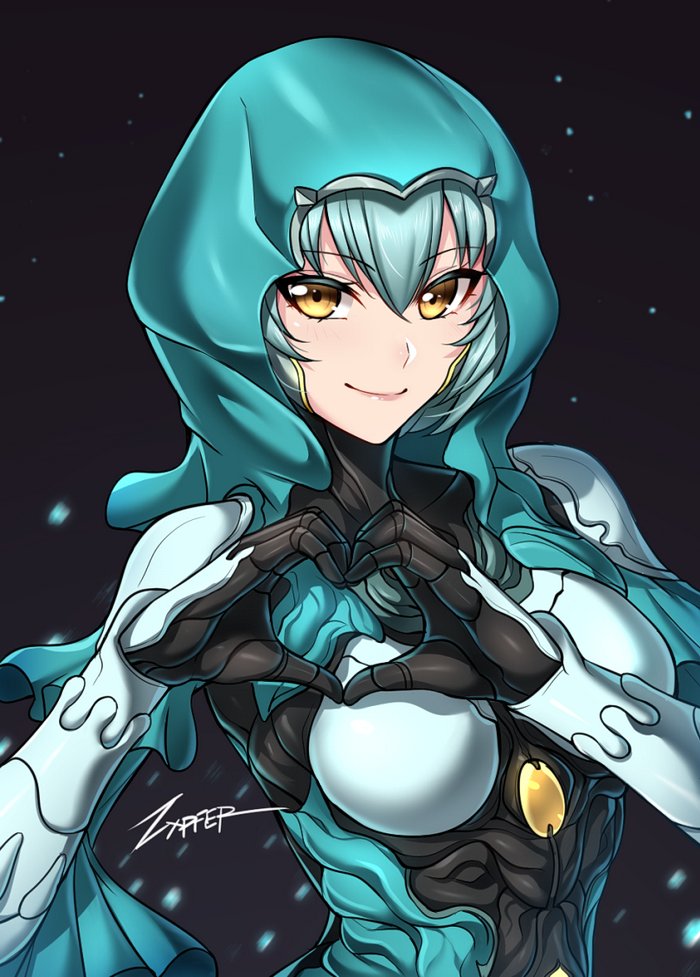1girl, bangs, blue_hair, body_armor, bodysuit, breasts, commentary, english_commentary, hair_between_eyes, heart, heart_hands, hood, humanization, light_blue_hair, light_particles, looking_at_viewer, signature, simple_background, smile, solo, warframe, yareli_(warframe), yellow_eyes, zxpfer