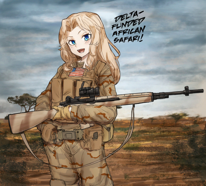 1girl, africa, alternate_costume, battle_rifle, belt, blonde_hair, blue_eyes, camouflage