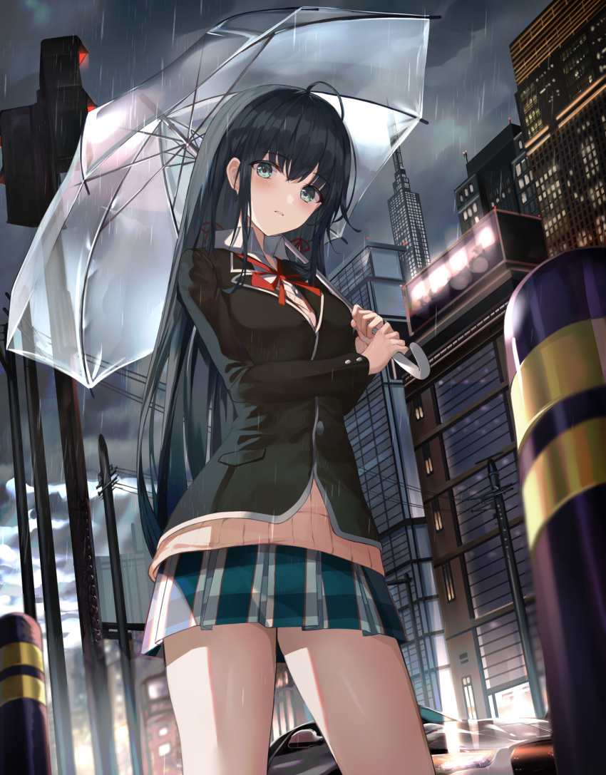 1girl, ahoge, black_hair, black_jacket, blazer, blue_eyes, blue_skirt, blush