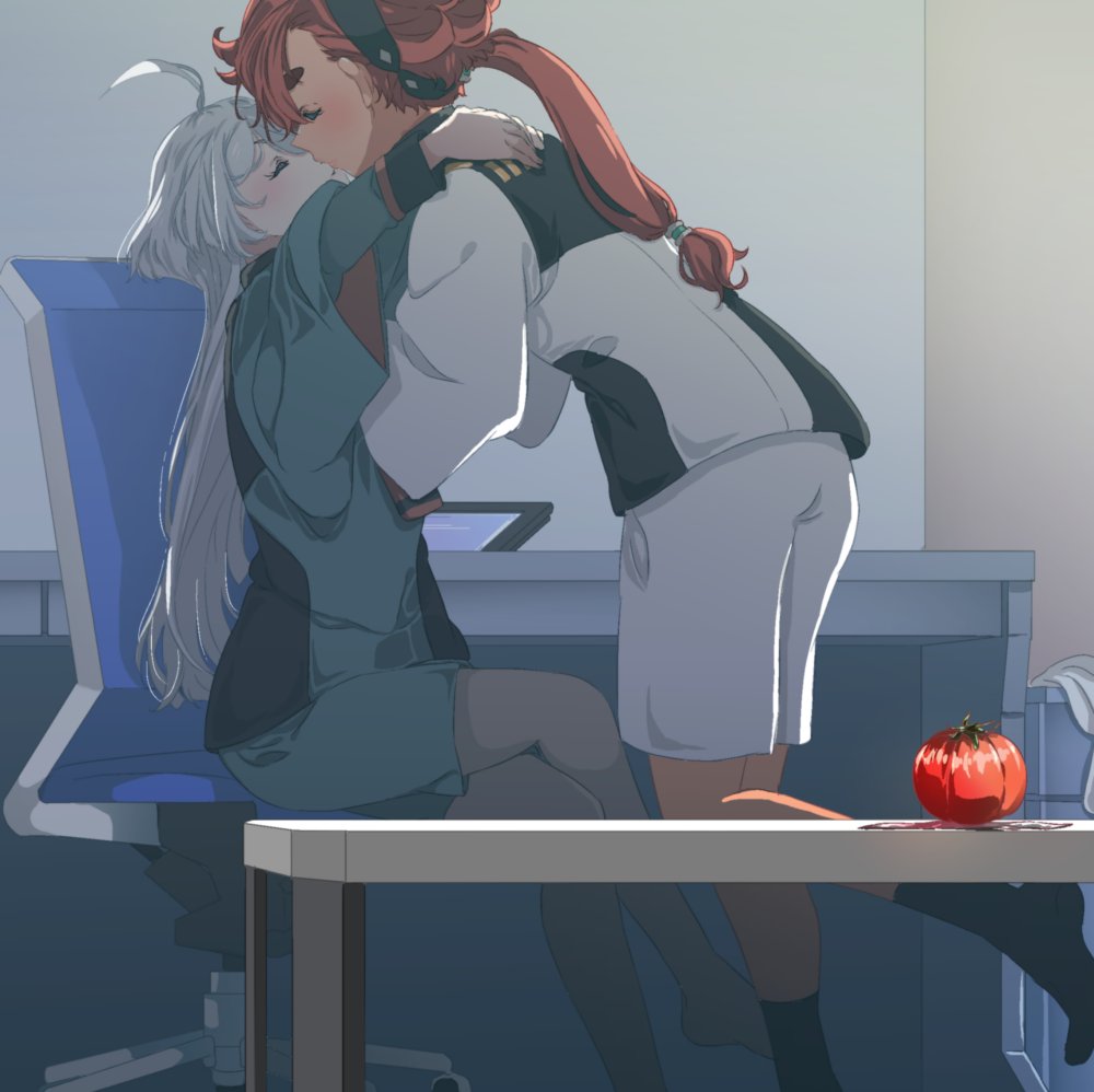2girls, ahoge, asticassia_school_uniform, blush, chair, closed_eyes, crossed_legs, food