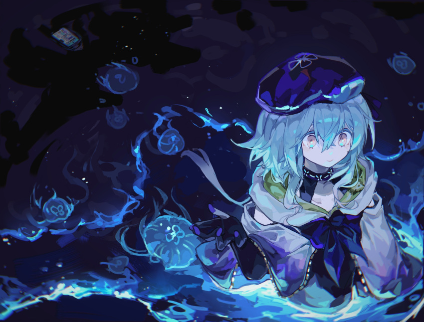 1boy, absurdres, arknights, bangs, black_collar, black_shirt, blue_hair, blue_headwear