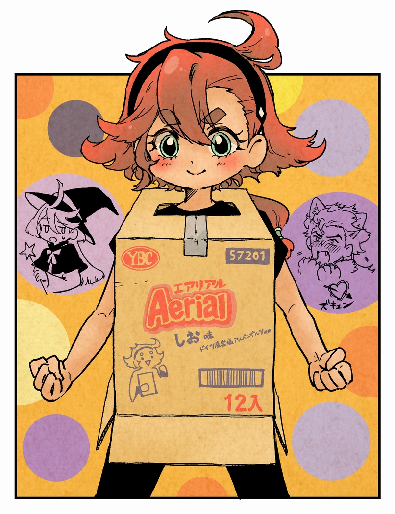 1boy, 2girls, aerial_(food), ahoge, arrow_through_heart, bangs, box, capelet