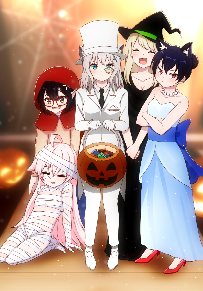 5girls, :d, absurdres, ahoge, alternate_costume, alternate_hairstyle, animal_ears, arsene_lupin