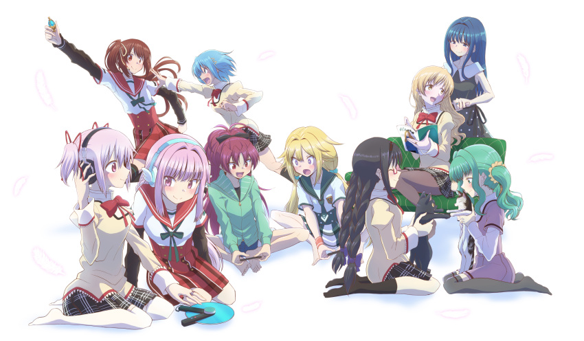 +_+, 6+girls, :d, absurdres, akemi_homura, animal, aqua_eyes, aqua_hair