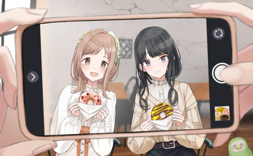 1other, 2girls, absurdres, belt, black_hair, blurry, blush, brown_eyes