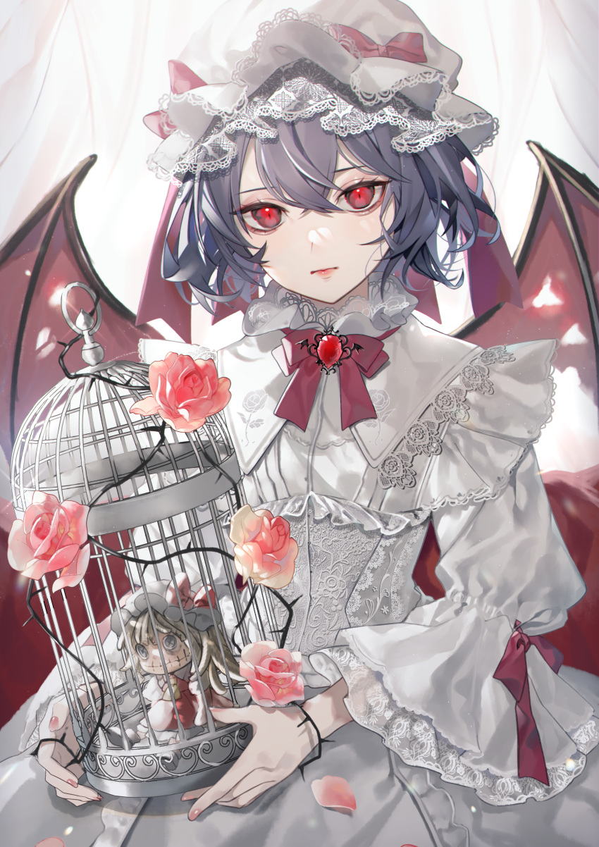 1girl, absurdres, alternate_costume, bat_wings, birdcage, blue_hair, bow, bowtie, brooch, cage, character_doll, closed_mouth, commentary, cowboy_shot, daimaou_ruaeru, dress, expressionless, flandre_scarlet, flower, frills, hair_between_eyes, hat, hat_bow, hat_ribbon, highres, holding, jewelry, lace-trimmed_dress, lace-trimmed_headwear, lace-trimmed_sleeves, lace_trim, lips, looking_at_viewer, mob_cap, pink_flower, pink_rose, red_bow, red_bowtie, red_eyes, red_flower, red_rose, remilia_scarlet, ribbon, rose, short_hair, solo, thorns, touhou, white_dress, white_headwear, wings