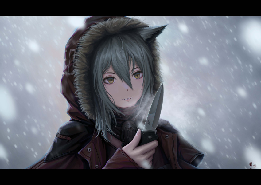 1girl, 3v_ju, absurdres, animal_ears, arknights, dated, fur-trimmed_hood, fur_trim