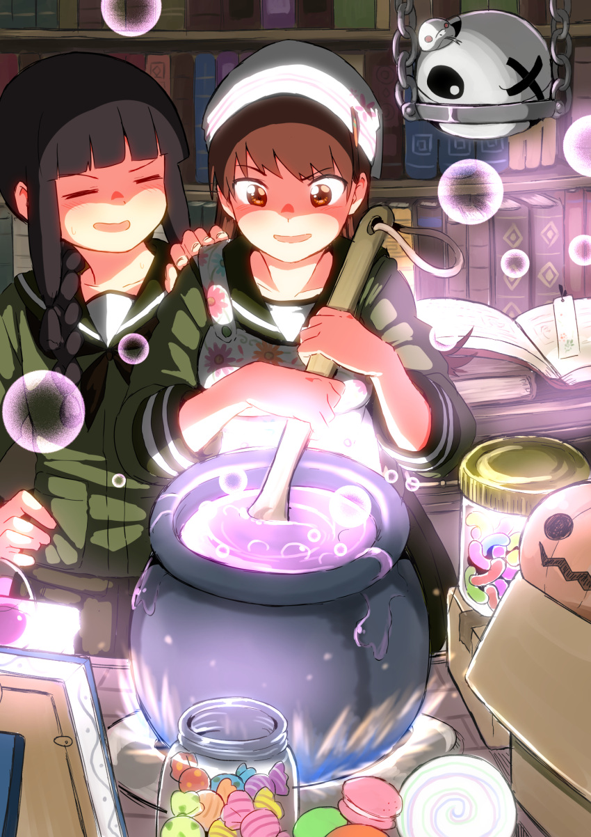 2girls, apron, bangs, black_hair, black_neckerchief, blunt_bangs, braid, brown_eyes, brown_hair, candy, closed_eyes, cooking, cooking_pot, floral_print, food, green_serafuku, hair_over_shoulder, hair_ribbon, halloween, hand_on_another's_shoulder, highres, kantai_collection, kitakami_(kancolle), kitakami_(kantai_collection), kitakami_kai_(kancolle), long_hair, mochisaka_mitsuki, multiple_girls, neckerchief, ooi_(kancolle), ooi_kai_(kancolle), print_apron, ribbon, school_uniform, serafuku, sidelocks, single_braid, textless_version, tress_ribbon