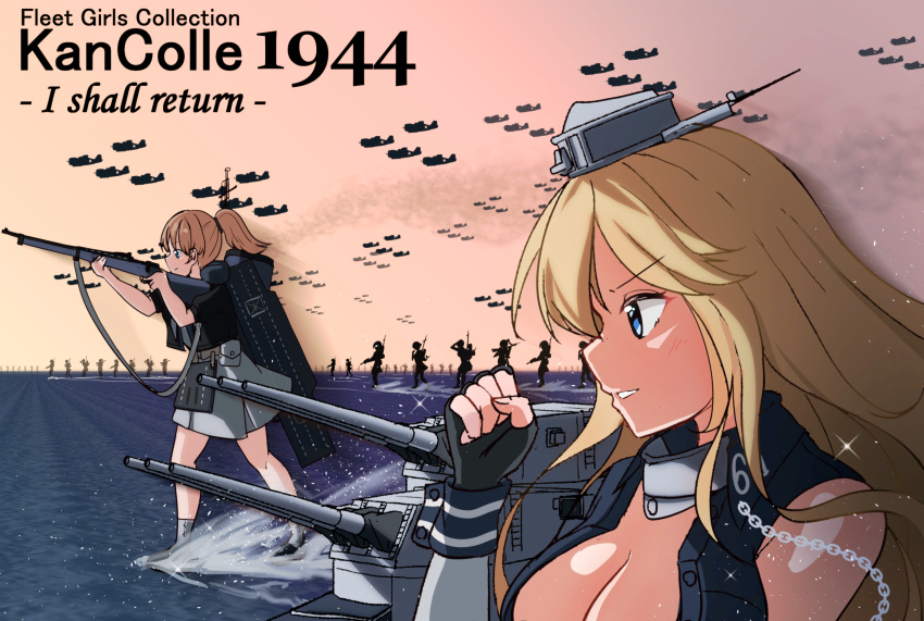 2girls, 6+girls, absurdres, black_shirt, blonde_hair, blue_eyes, breasts, brown_hair