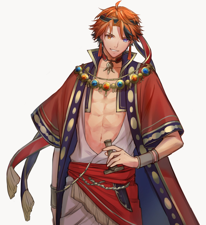 1boy, abs, ahoge, arabian_clothes, bandana, bangs, black_hair, bracelet