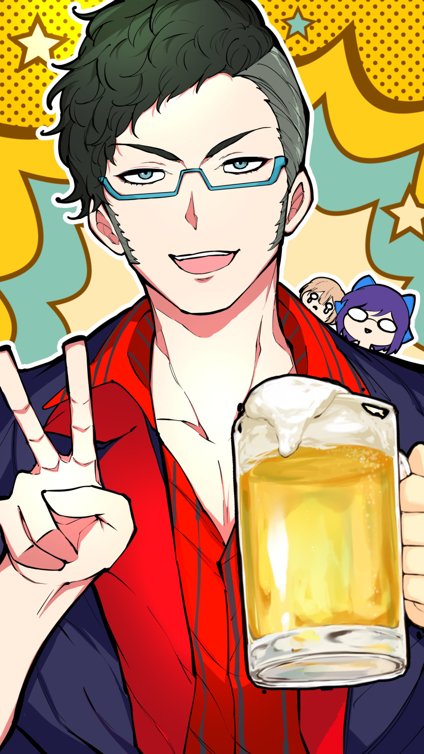 1boy, 2girls, :d, a-chan_(hololive), absurdres, alcohol, bangs, beer