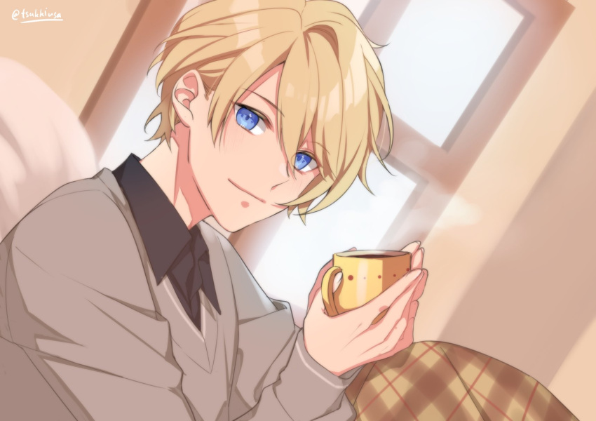 1boy, black_shirt, blanket, blonde_hair, blue_eyes, collared_shirt, cup, dutch_angle