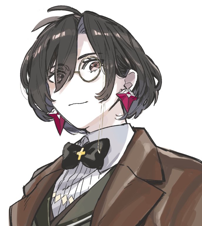1boy, black_bow, black_bowtie, black_hair, bow, bowtie, brown_eyes, brown_jacket, collared_shirt, constantine_xi_(fate), earrings, fate/grand_order, fate_(series), green_vest, hair_between_eyes, huzishiro, jacket, jewelry, looking_at_viewer, male_focus, monocle, official_alternate_costume, shirt, short_hair, simple_background, smile, solo, upper_body, vest, white_background, white_shirt