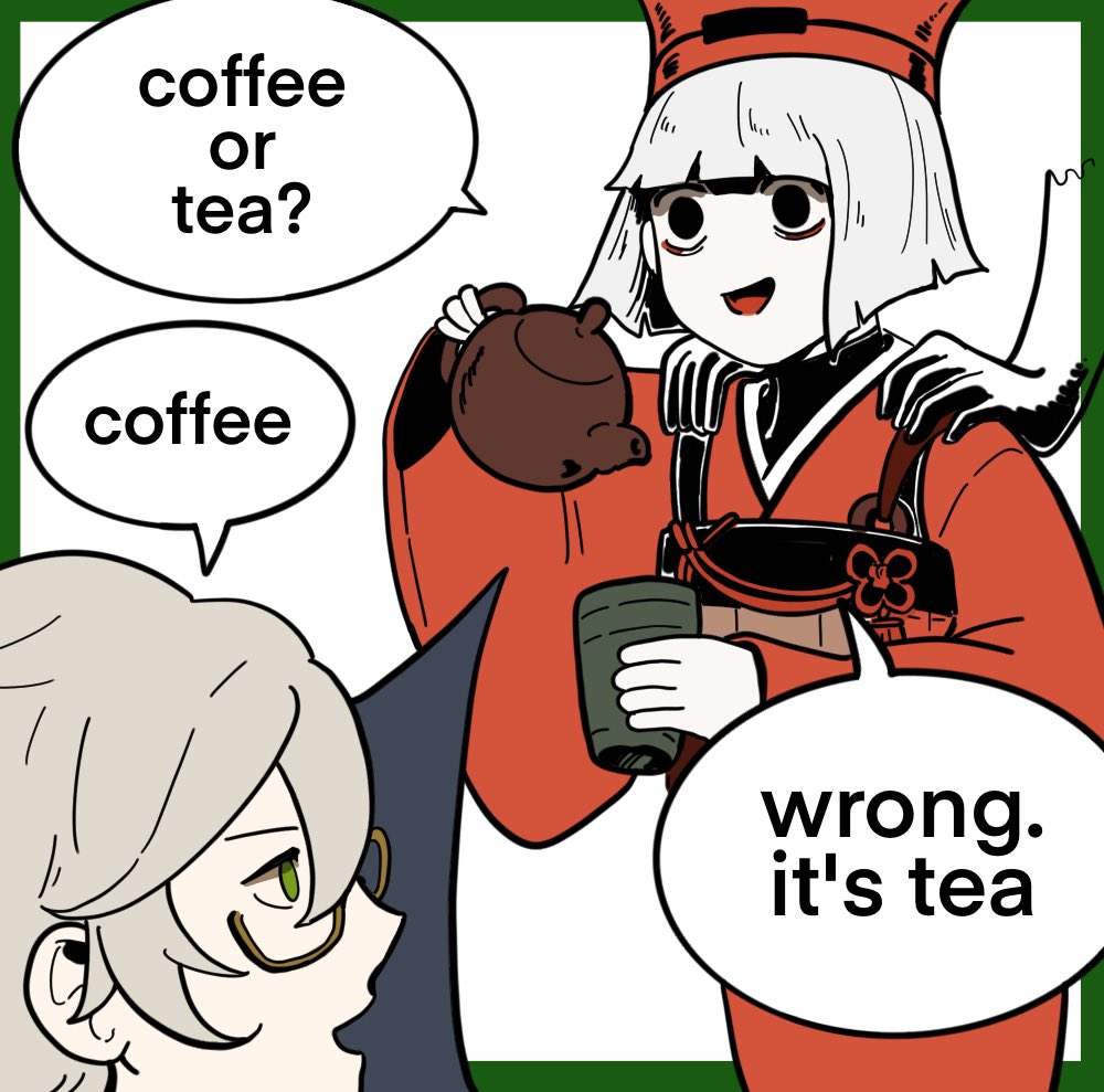 1boy, 1girl, :d, bangs, black_eyes, blonde_hair, blunt_bangs, blunt_ends, border, coffee_or_tea_(meme), cowboy_shot, cup, disembodied_limb, donkey_fgo, empty_eyes, english_text, fate/grand_order, fate_(series), flower_knot, glasses, green_border, green_eyes, hair_between_eyes, hands_on_another's_shoulders, holding, holding_cup, holding_teapot, ishida_mitsunari_(fate), japanese_clothes, kimono, looking_at_another, meme, outside_border, red_headwear, red_kimono, sen_no_rikyu_(fate), short_hair, simple_background, smile, speech_bubble, teapot, turtleneck, white_background, yunomi