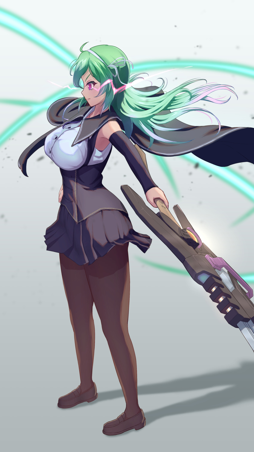1girl, absurdres, ahoge, assault_lily, bangs, bare_shoulders, black_capelet, black_skirt