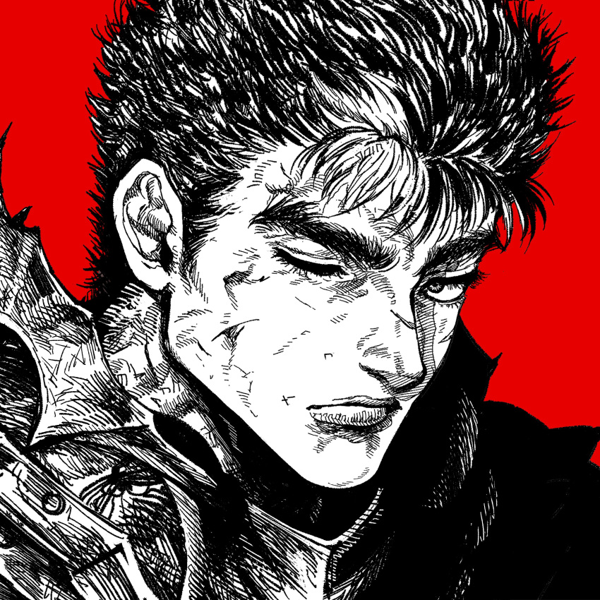 1boy, absurdres, berserk, black_hair, guts_(berserk), highres, looking_at_viewer, male_focus