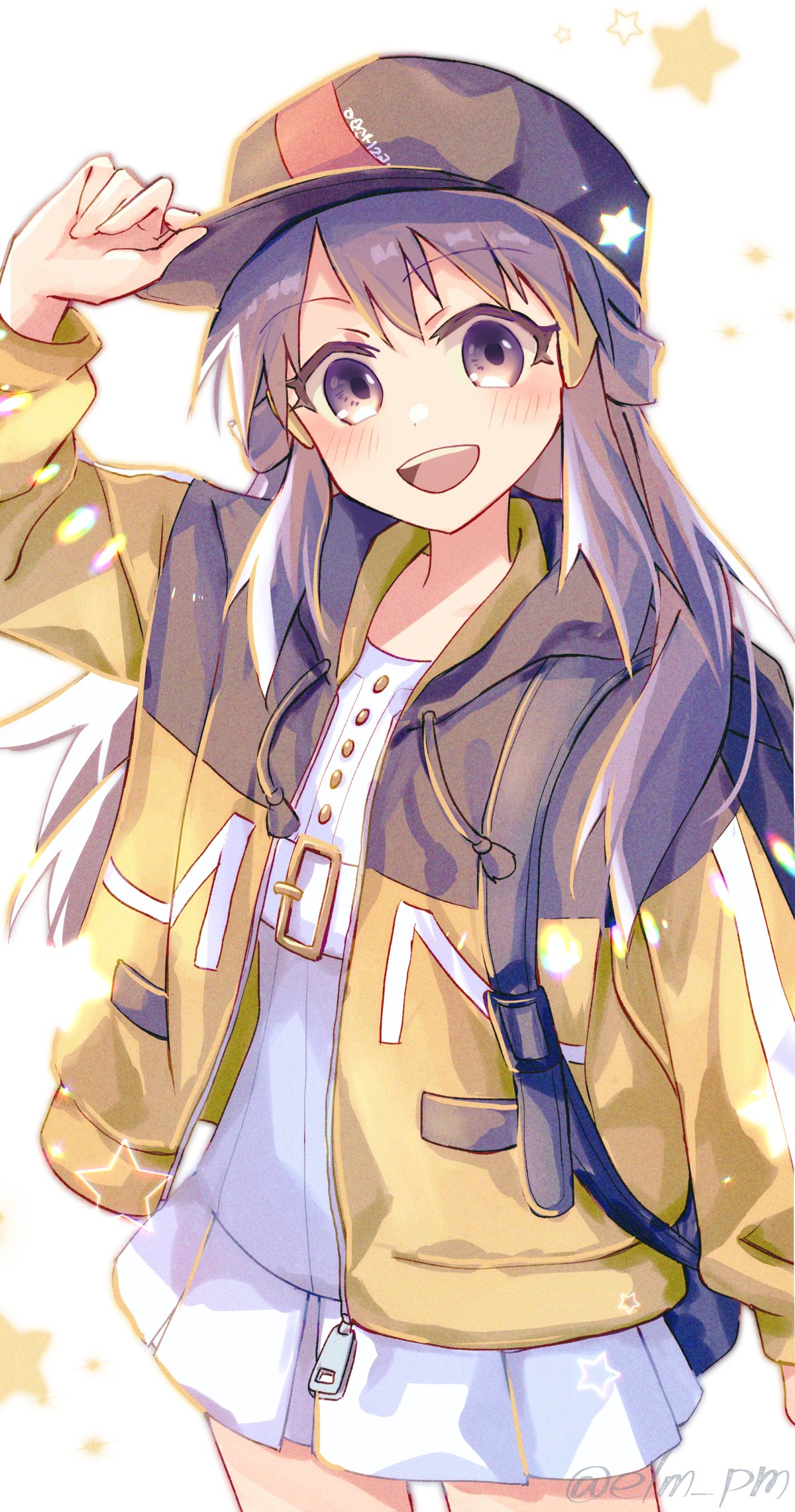 1girl, :d, bangs, black_hair, blush, buttons, commentary_request, cowboy_shot, eyelashes, grey_eyes, hand_on_headwear, hand_up, hat, highres, hikari_(pokemon), jacket, long_hair, long_sleeves, looking_at_viewer, nanashino_(7shino_gs), open_clothes, open_jacket, open_mouth, pokemon, pokemon_(game), pokemon_bdsp, smile, solo, star_(symbol), tassel, teeth, tongue, upper_teeth, watermark, white_background, yellow_jacket, zipper_pull_tab