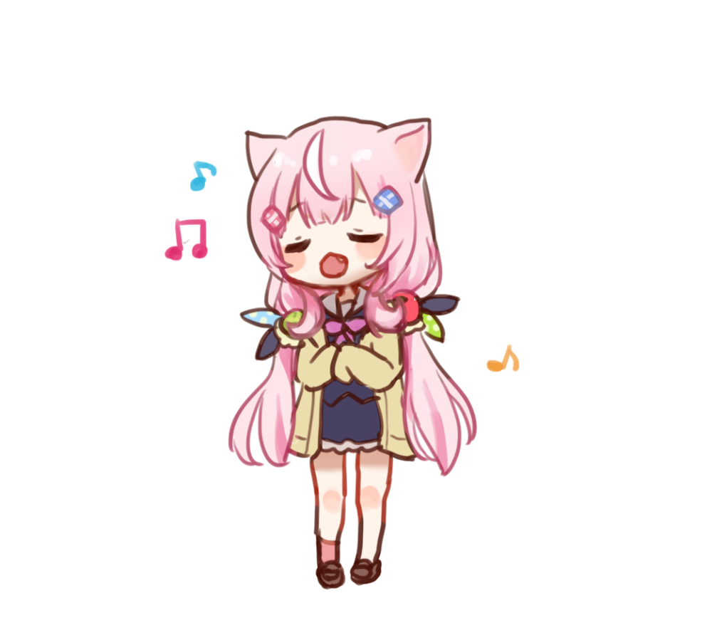 1girl, :d, animal_ears, bangs, beamed_eighth_notes, black_serafuku, black_shirt, black_skirt