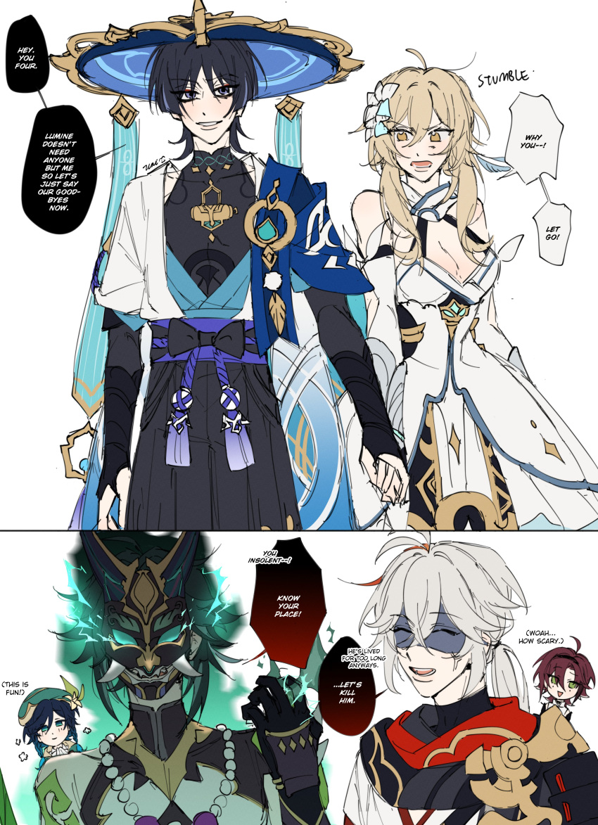 1girl, 5boys, absurdres, angry, bare_shoulders, black_hair, blush, genshin_impact