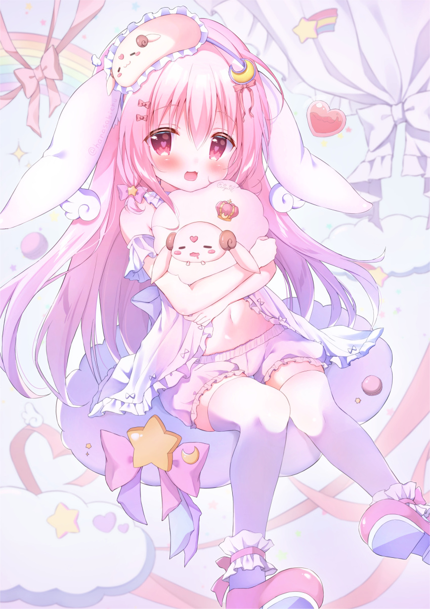 1girl, animal_ears, blush, bow, cheek_squash, child, crescent, crescent_hair_ornament, crown, eye_mask, female_child, hair_bow, hair_ornament, hanasaki_chiyu, hanasakichu, heart, heart-shaped_pupils, highres, indie_virtual_youtuber, long_hair, mary_janes, mini_crown, navel, object_hug, open_clothes, open_mouth, open_shirt, pajamas, pink_eyes, pink_footwear, pink_hair, pink_shirt, pink_shorts, rabbit_ears, rabbit_girl, rainbow, ribbon, sheep, shirt, shoes, short_shorts, shorts, sitting, sleepwear, smile, solo, star_(symbol), star_hair_ornament, stuffed_animal, stuffed_toy, symbol-shaped_pupils, thigh-highs, thigh_gap, thighhighs, thighs, virtual_youtuber, white_thighhighs