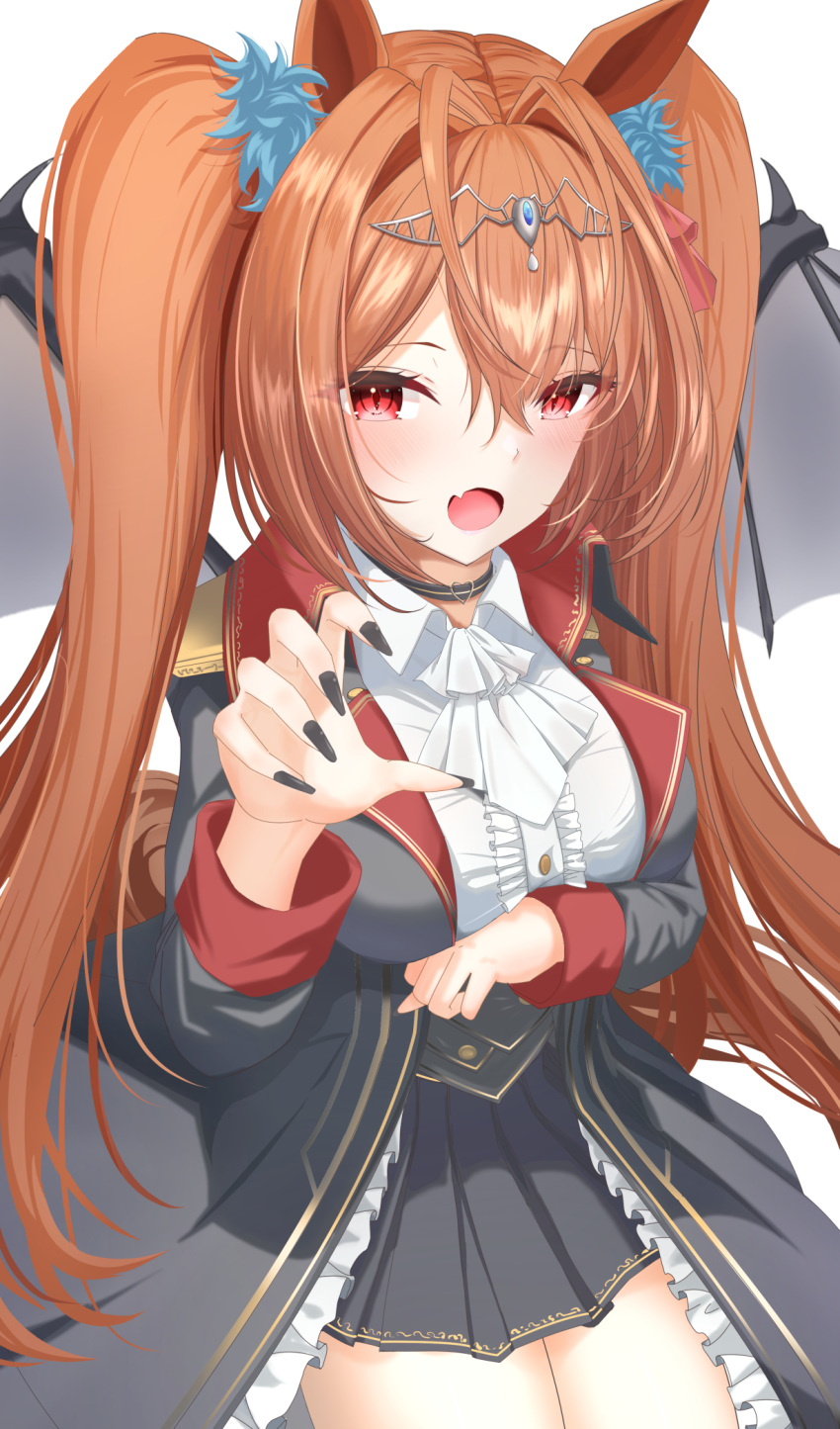 1girl, :o, animal_ears, ascot, bangs, bat_wings, black_jacket, black_nails