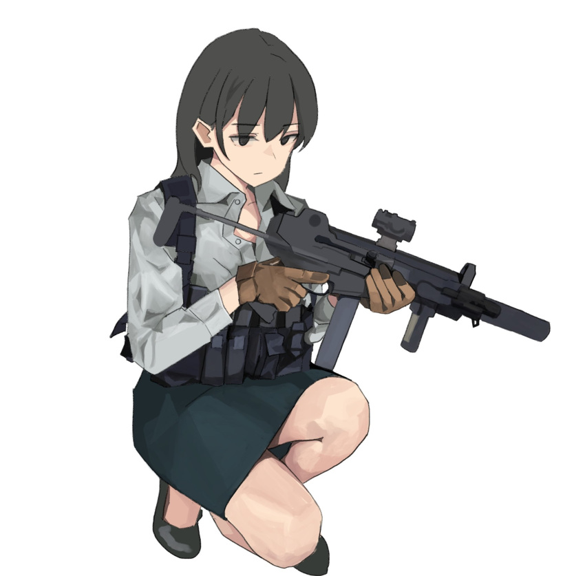 1girl, bangs, black_eyes, black_footwear, black_hair, blue_skirt, collared_shirt, commentary_request