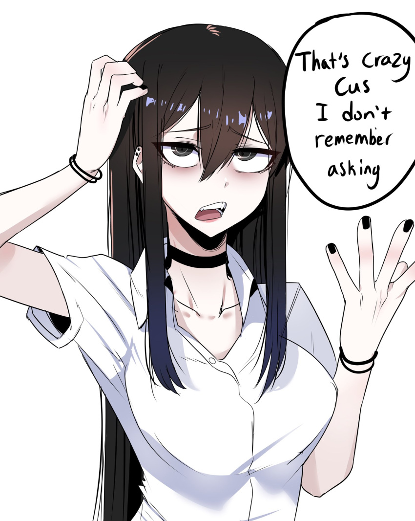 1girl, black_eyes, black_hair, black_nails, bracelet, breasts, choker, ear_piercing