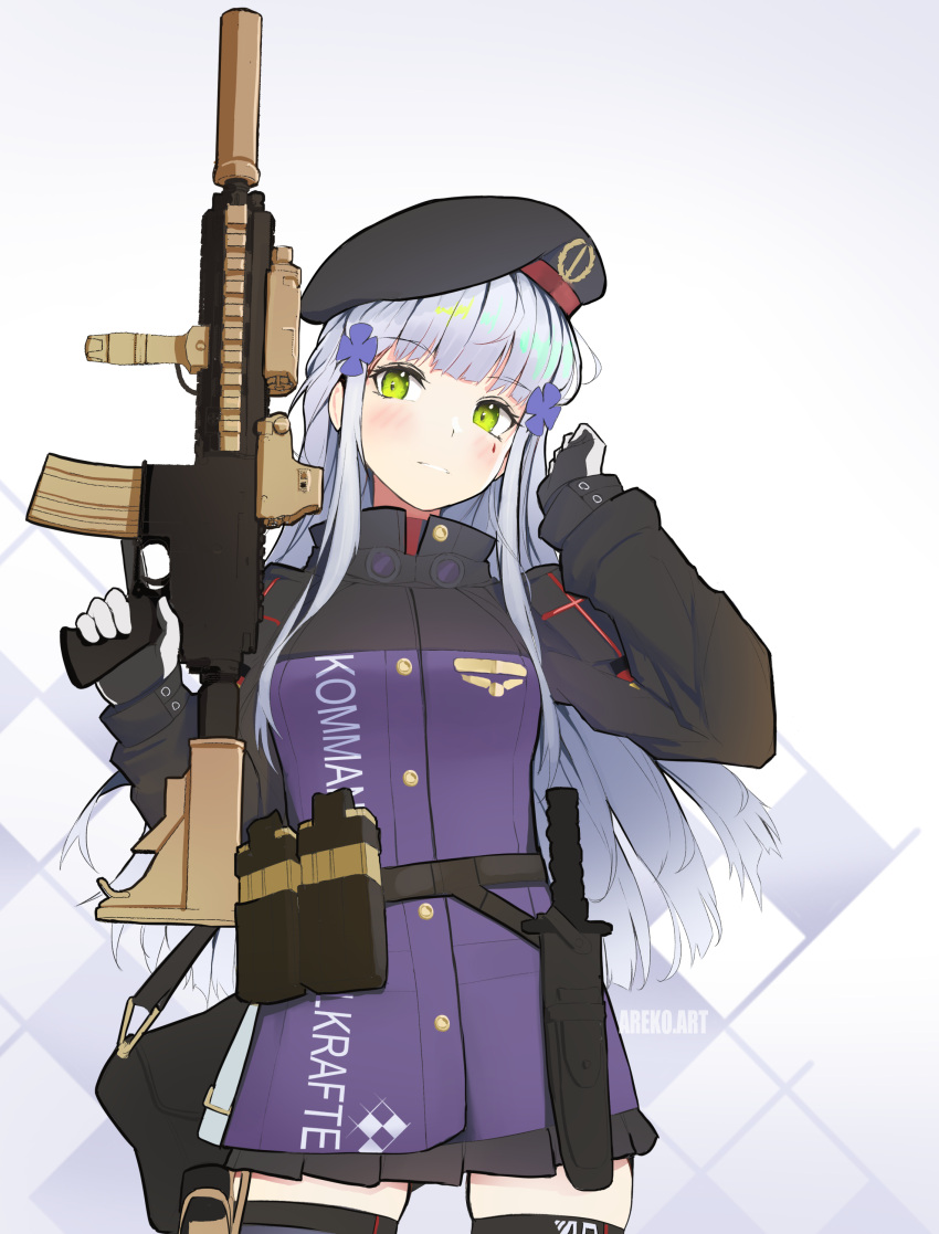 1girl, absurdres, ammunition_pouch, arescr, assault_rifle, bangs, beret, facial_mark