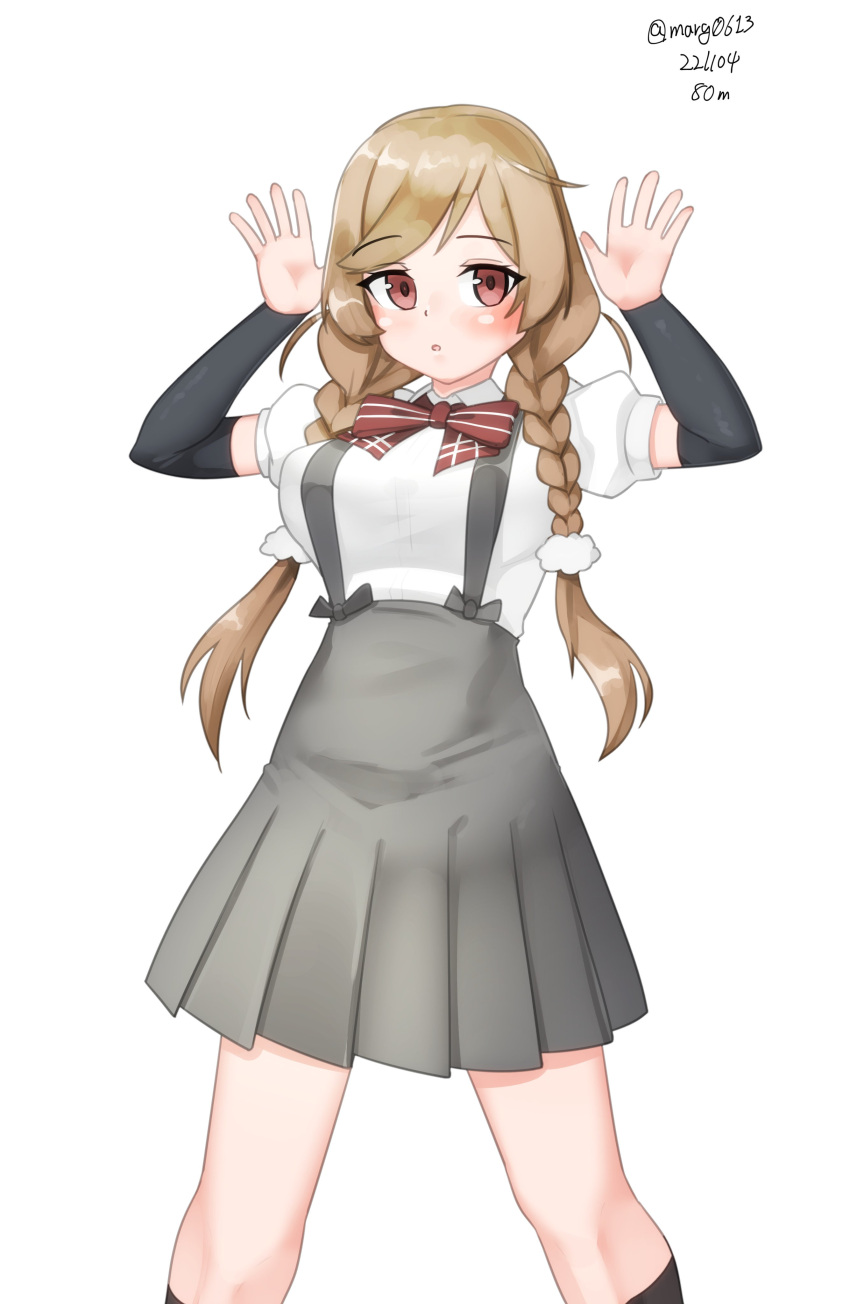 1girl, absurdres, arm_warmers, arms_up, black_legwear, black_socks, bow, bowtie