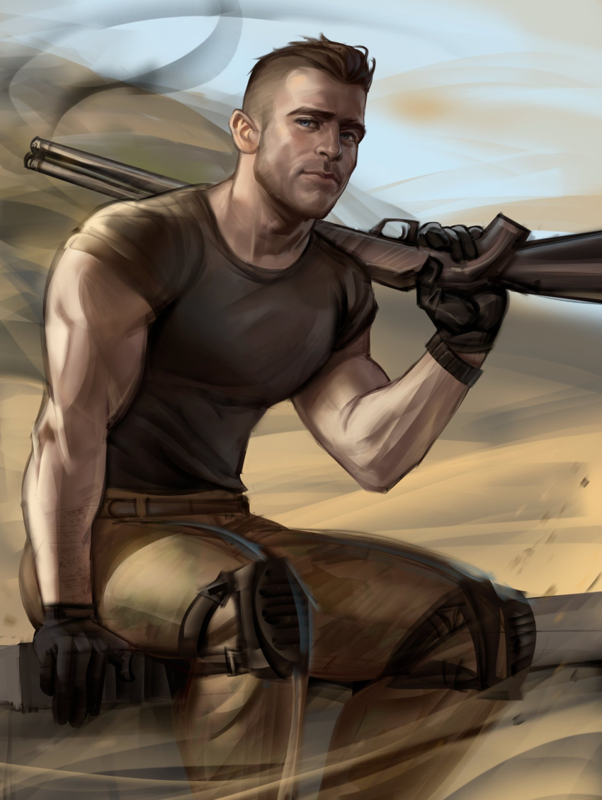1boy, black_gloves, black_hair, black_shirt, brown_pants, call_of_duty, call_of_duty:_modern_warfare_2, facial_hair, gloves, gun, highres, holding, holding_gun, holding_weapon, knee_pads, large_pectorals, male_focus, muscle, muscular, muscular_male, outdoors, pants, pectorals, sasha_shkret, shirt, short_hair, sitting, soap_(modern_warfare_2), solo, weapon