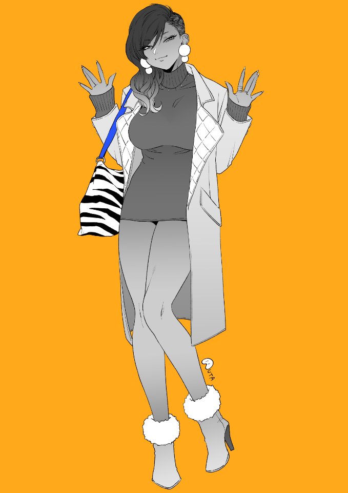 1girl, bag, boots, breasts, butakun, coat, commentary_request, contrapposto