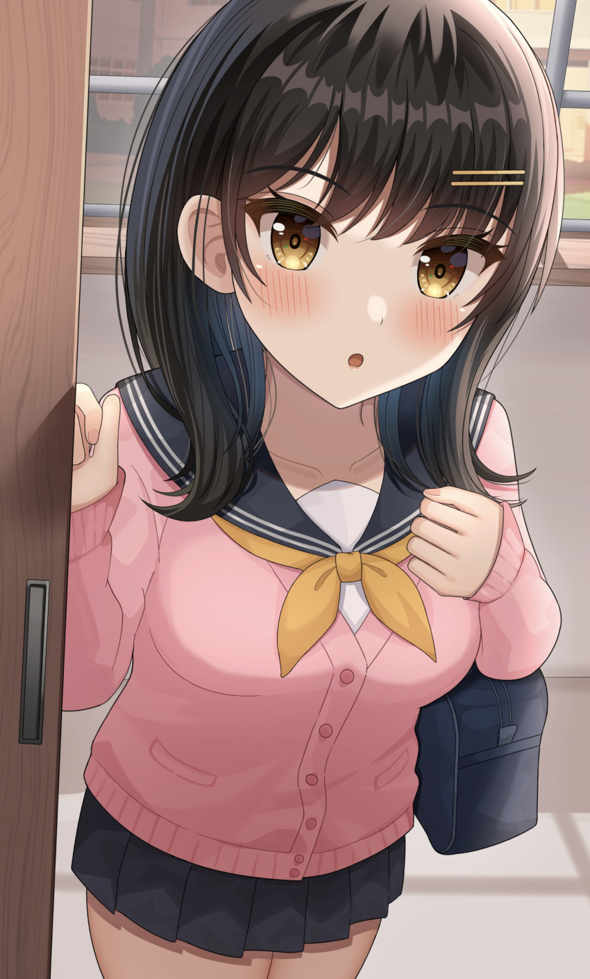 1girl, absurdres, bag, bangs, black_hair, black_sailor_collar, black_skirt, blue_bag