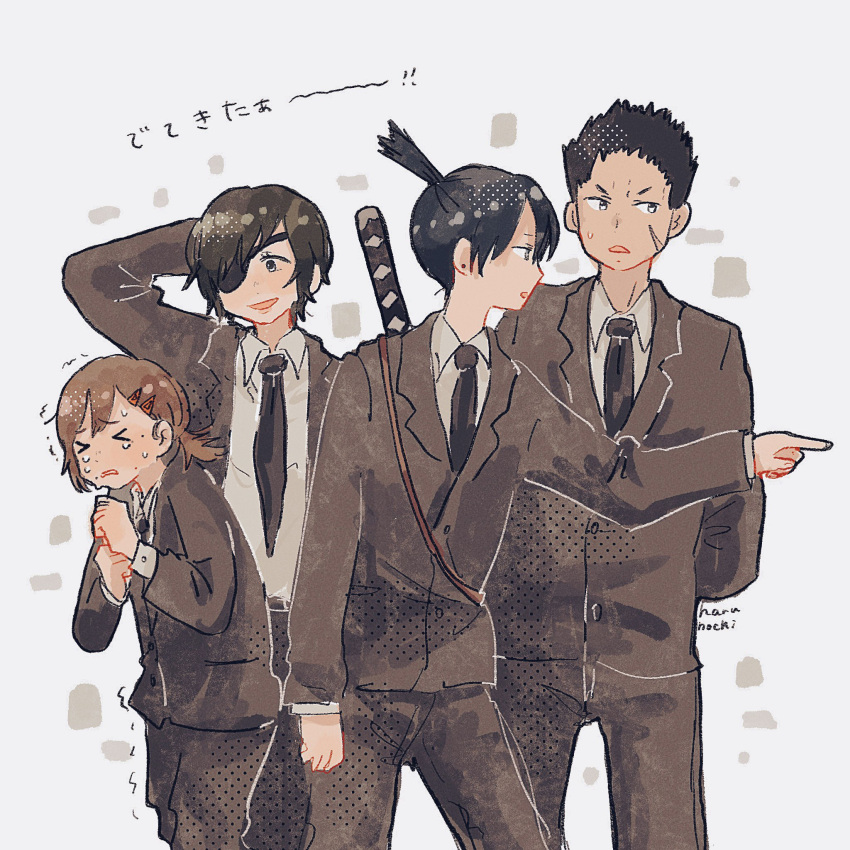 >_<, 2boys, 2girls, arm_behind_back, black_hair, black_jacket, black_necktie, chainsaw_man