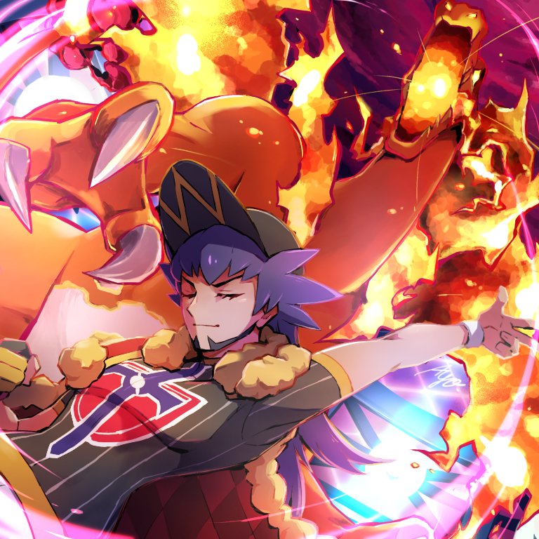 1boy, argyle, arm_up, ayo_(ayosanri009), baseball_cap, cape, champion_uniform, charizard