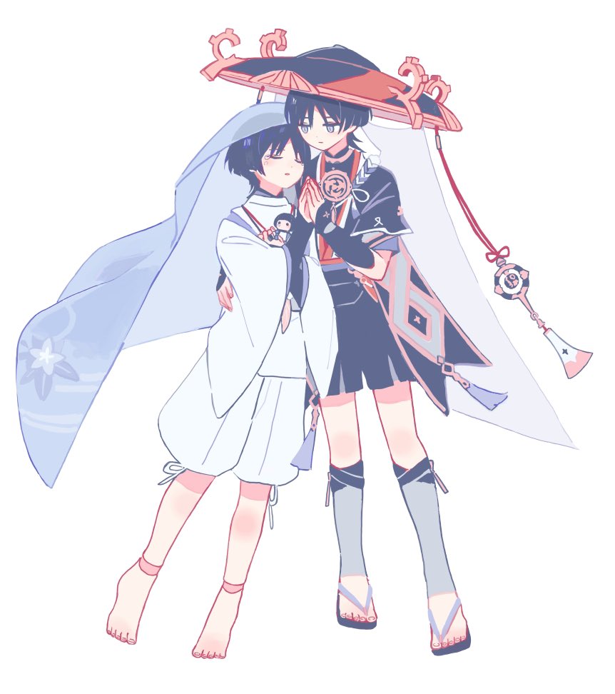 2boys, alternate_eye_color, alternate_hair_color, arm_armor, baggy_pants, bangs, barefoot, black_footwear