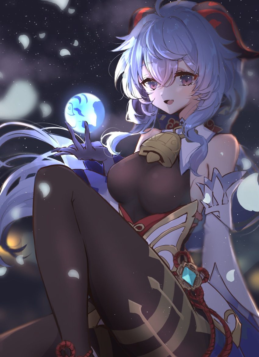 1girl, ahoge, bangs, bare_shoulders, bell, blue_gloves, blue_hair, breasts