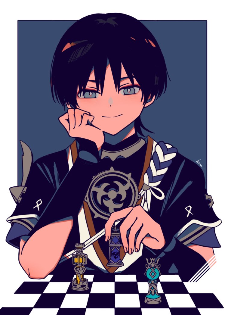 1boy, alternate_eye_color, alternate_hair_color, arm_armor, artist_name, bangs, black_hair, black_shirt