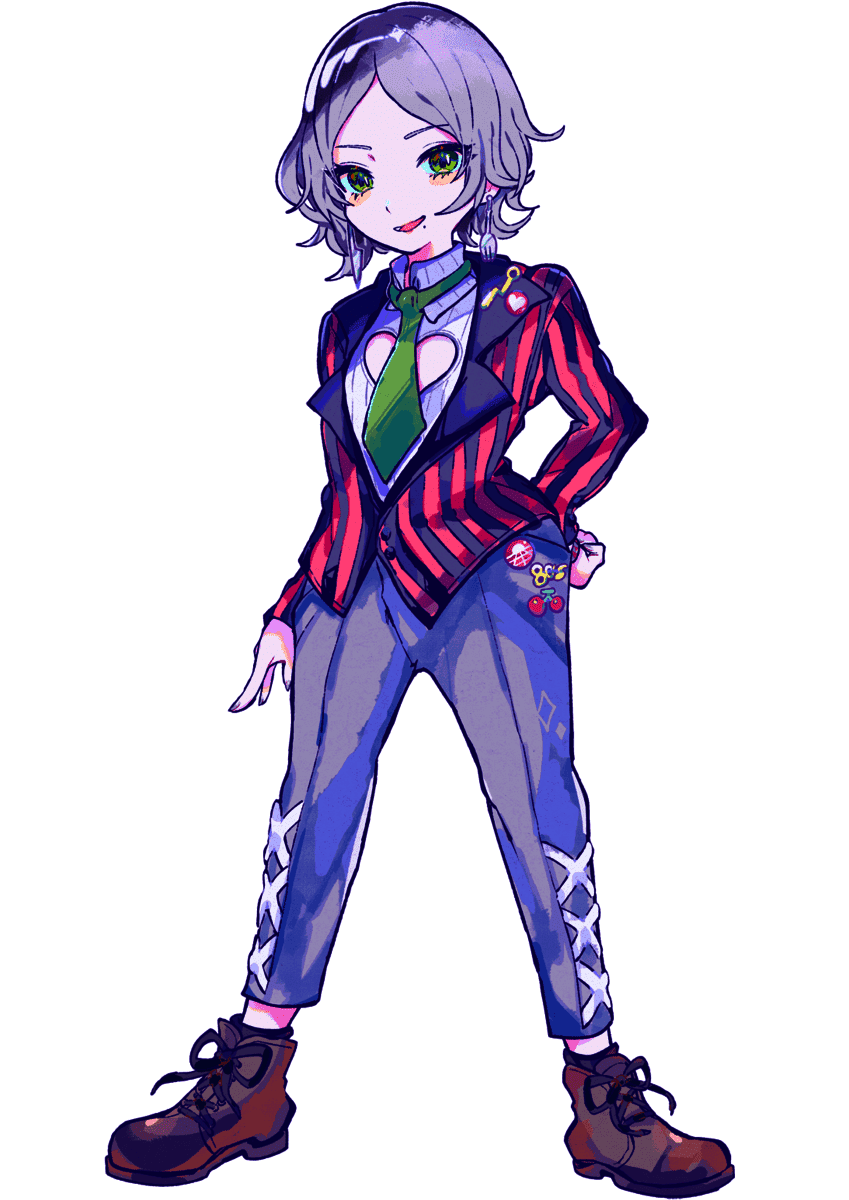 1girl, bangs, clothing_cutout, denonbu, dress_pants, dress_shirt, earrings, full_body