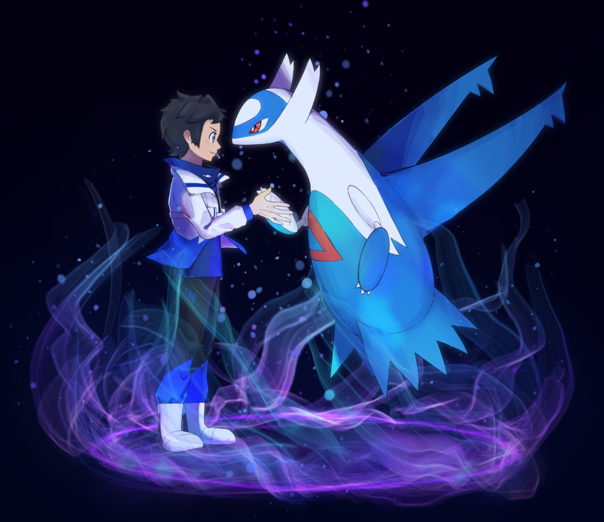 1boy, absurdres, black_hair, black_pants, blue_eyes, boots, brendan_(pokemon), brendan_(sygna_suit)_(pokemon)