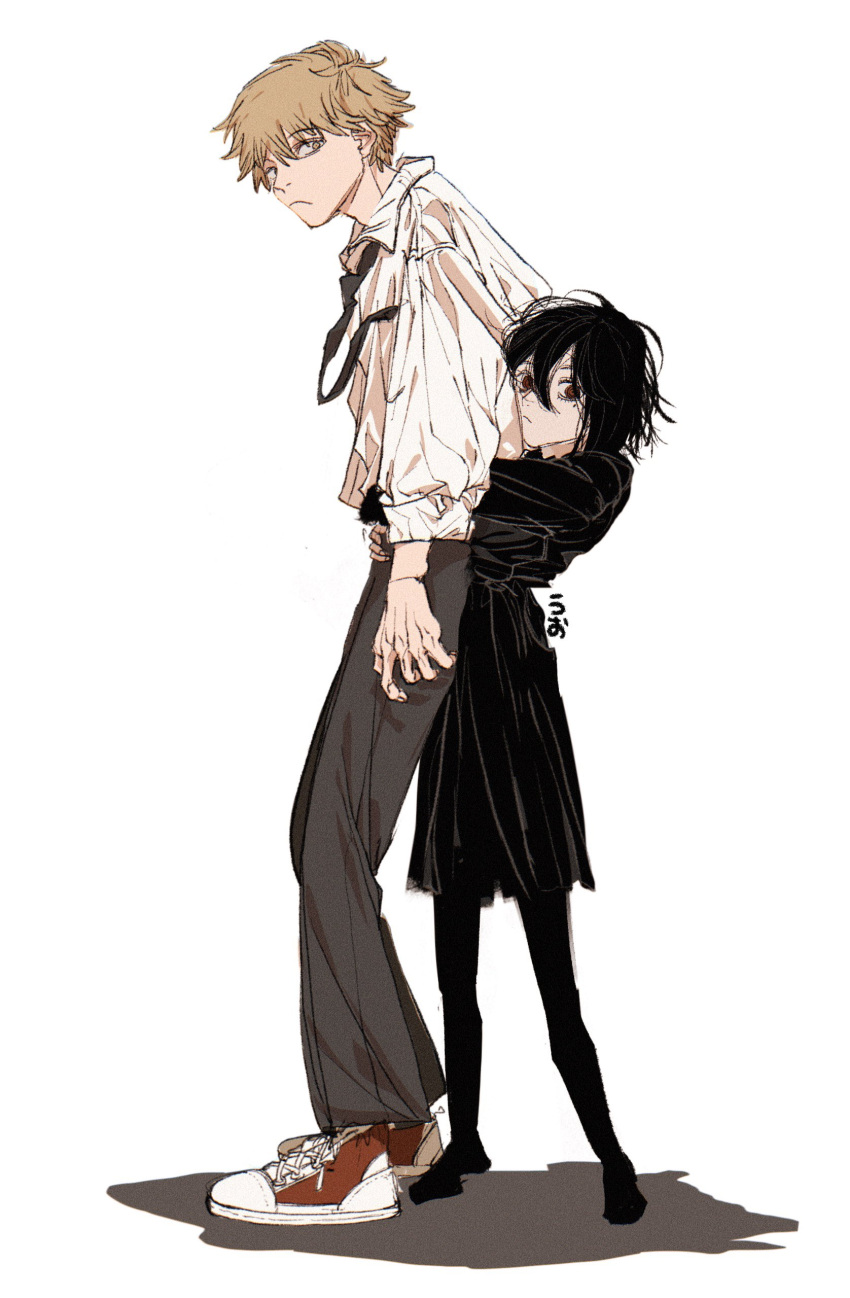 1boy, 1girl, 2boys, absurdres, baggy_clothes, black_dress, black_hair, black_necktie, black_socks, blonde_hair, chainsaw_man, collared_shirt, denji_(chainsaw_man), dress, grey_pants, hair_between_eyes, highres, hug, hug_from_behind, looking_at_viewer, messy_hair, nayuta_(chainsaw_man), necktie, pants, red_footwear, shirt, shoes, short_hair, simple_background, socks, tasuketemama, thigh-highs, white_background, white_shirt