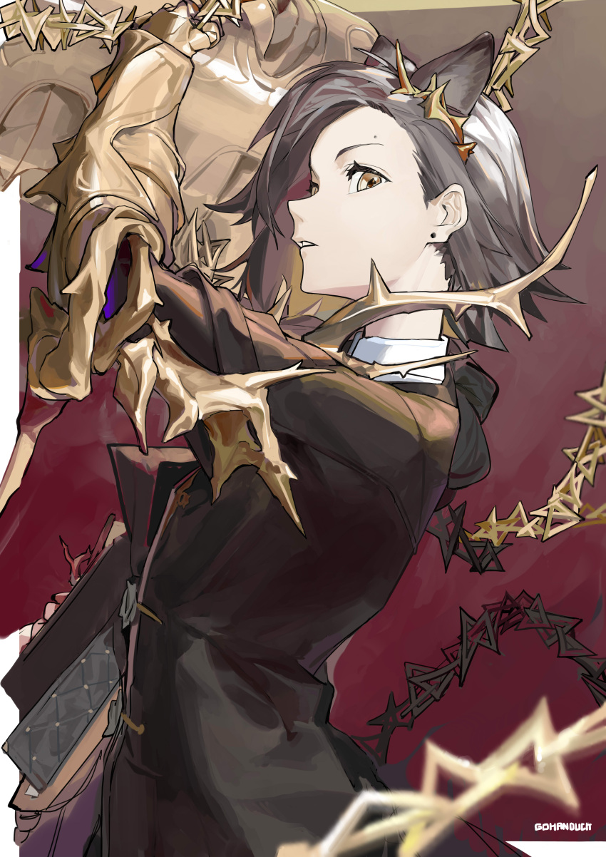 1girl, absurdres, animal_ears, arknights, artist_name, black_jacket, brown_eyes, brown_hair