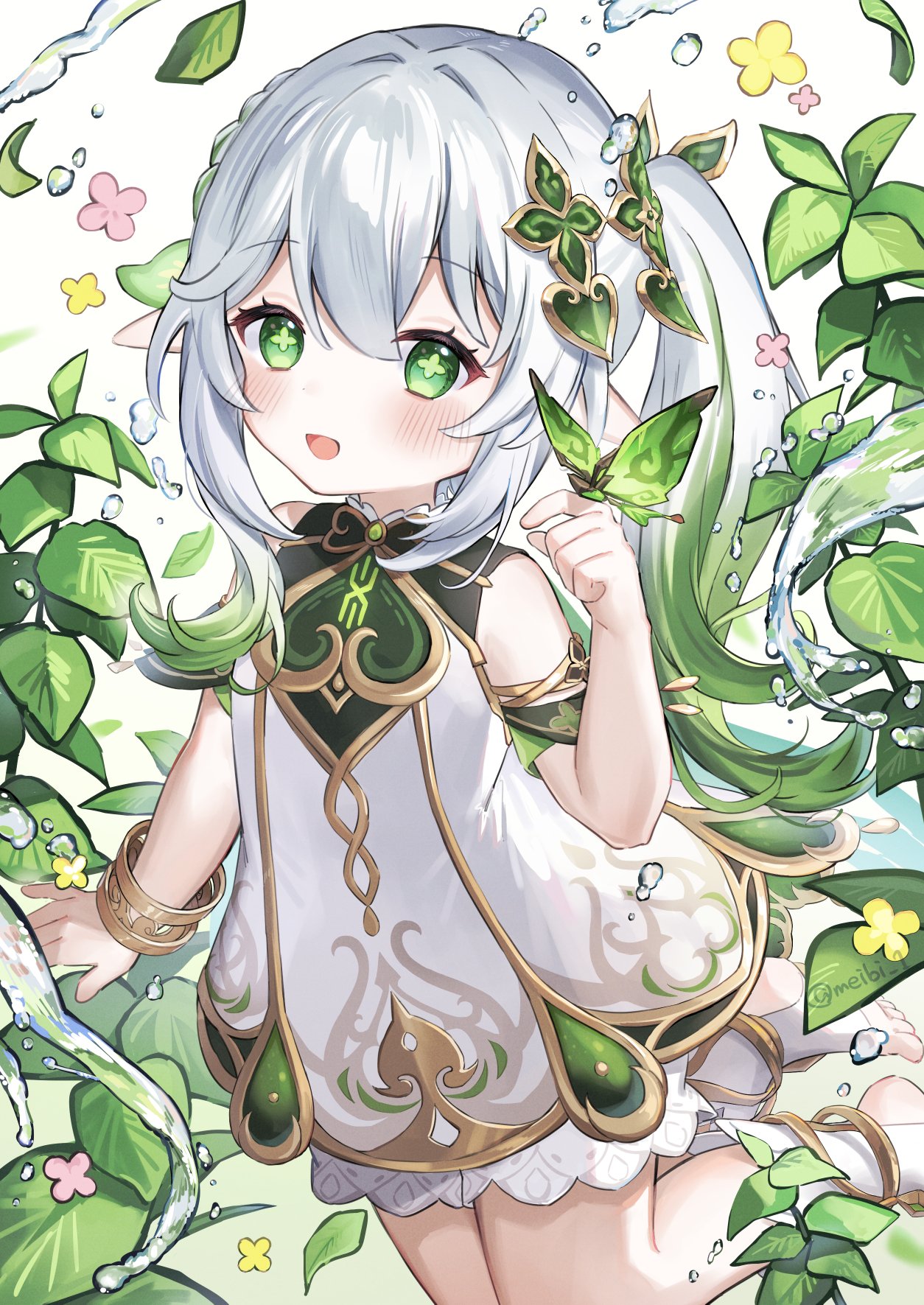 1girl, :d, bangs, blush, bracelet, bug, butterfly, commentary_request, dress, genshin_impact, gradient_hair, green_eyes, hair_between_eyes, highres, jewelry, leaf, long_hair, looking_at_viewer, meibi_1, multicolored_hair, nahida_(genshin_impact), plant, short_sleeves, side_ponytail, sidelocks, silver_hair, simple_background, smile, solo, standing, standing_on_one_leg, symbol-shaped_pupils, water_drop, white_dress, white_hair