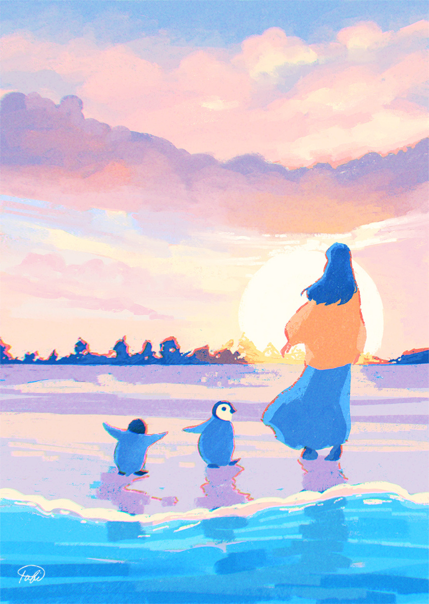 1girl, bird, blue_hair, blue_skirt, cloud, clouds, day, facing_away