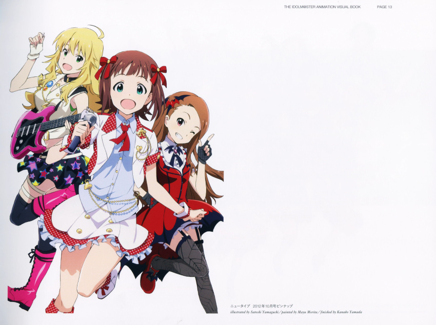 3girls, absurdres, ahoge, amami_haruka, arm_strap, artist_name, bat_hair_ornament, black_hairband