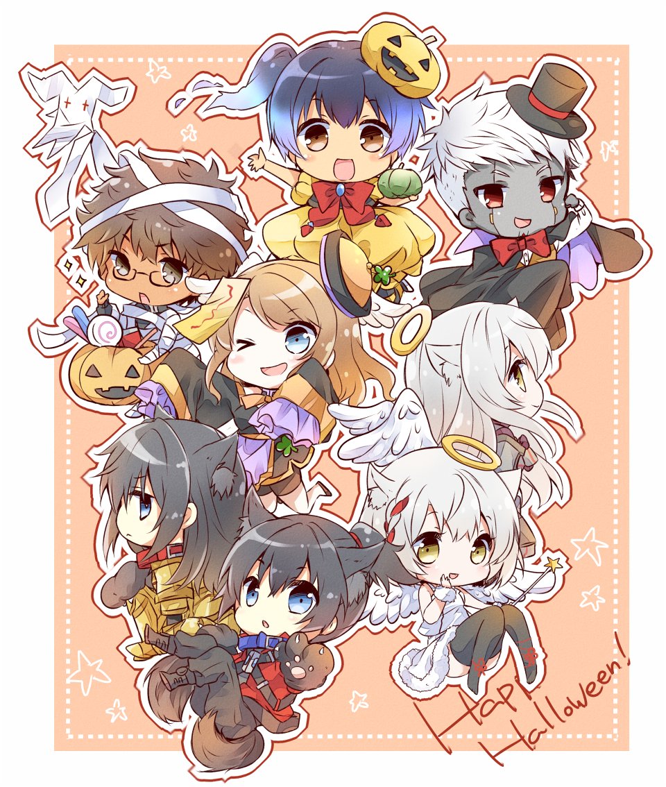 >_o, 4boys, 4girls, 6+boys, angel_costume, animal_ears, black_hair, blue_eyes