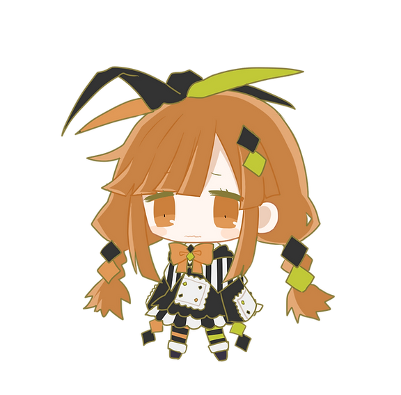1girl, asymmetrical_legwear, black_skirt, bow, braid, brown_eyes, brown_hair, chibi, closed_mouth, full_body, hair_ornament, lapin_farbe, long_hair, long_sleeves, mismatched_legwear, neck_ribbon, orange_hair, orange_ribbon, original, ribbon, simple_background, skirt, solo, striped, striped_capelet, transparent_background, twin_braids, usagi_nui, wavy_mouth